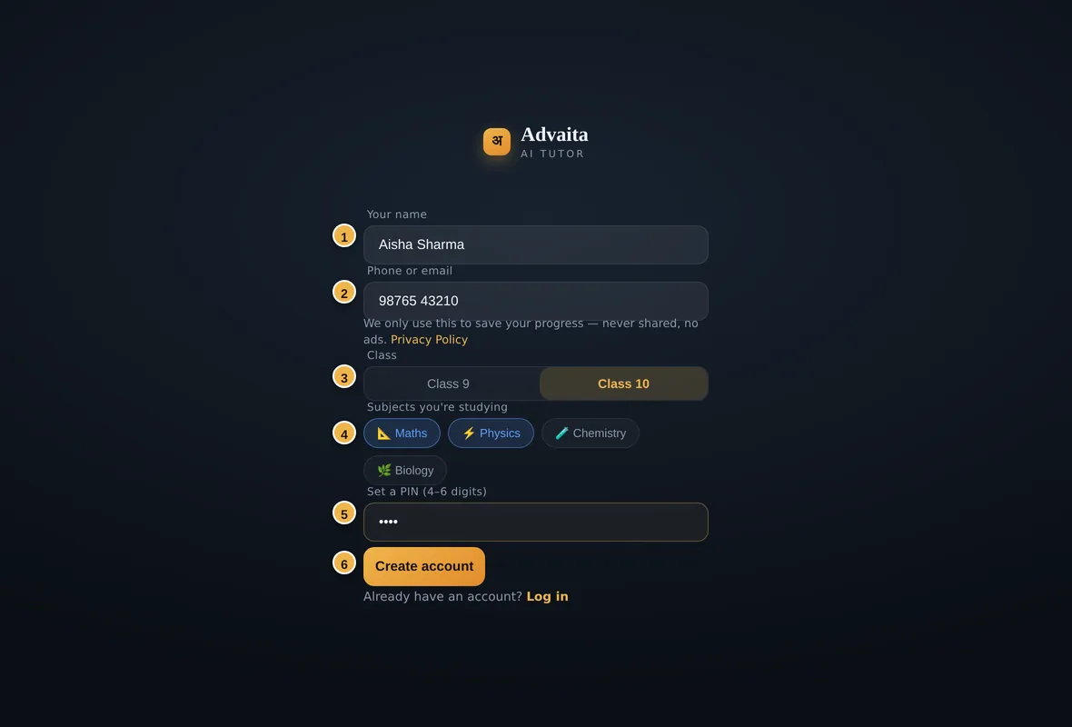 The Advaita sign-up form: name, phone or email, class toggle, subject chips, PIN, and a Create account button